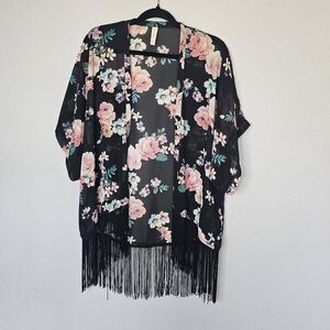 Xhilaration Black Pink Rose‎ Floral Kimono Wrap Short Sleeve Size XS